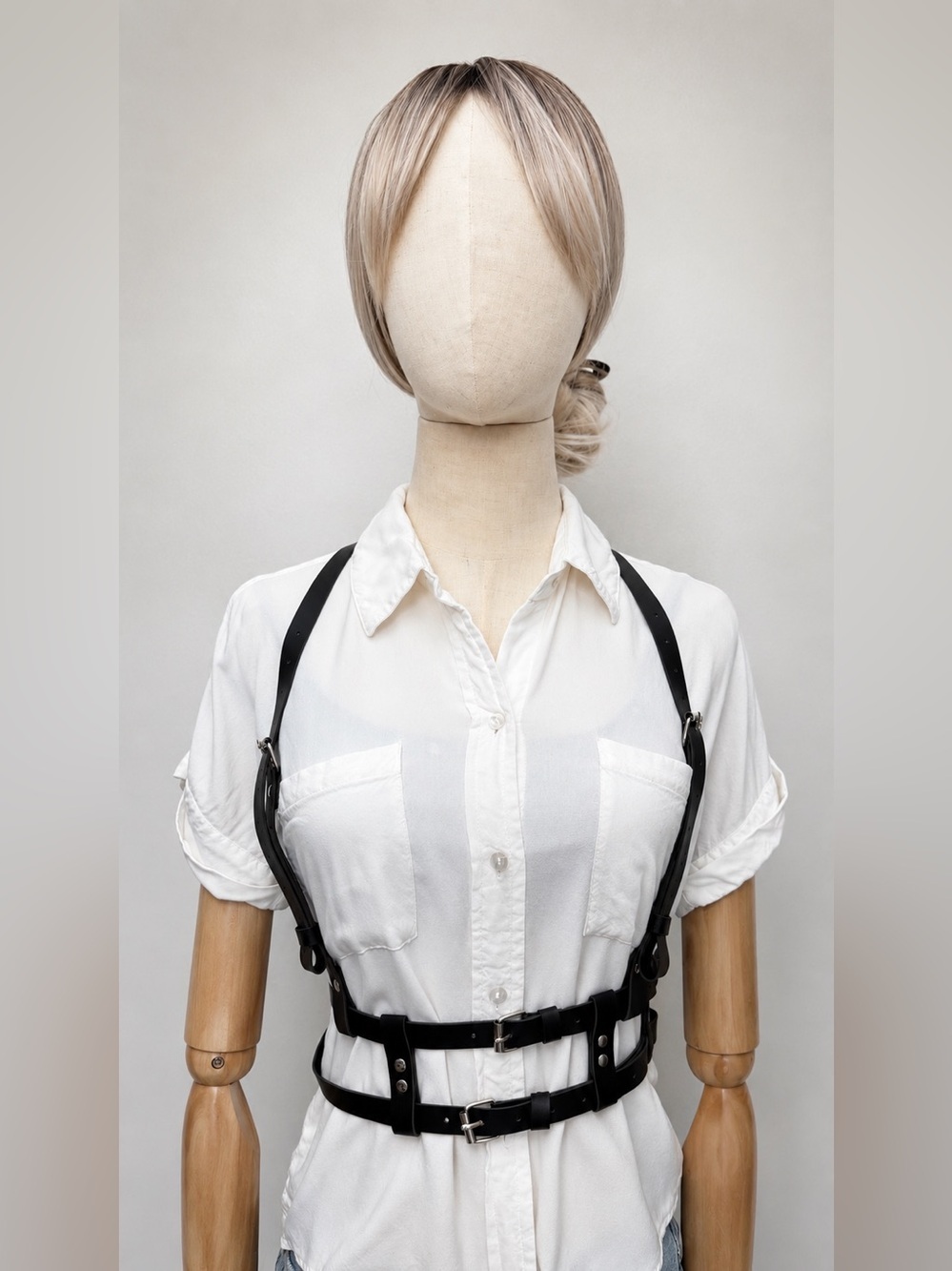 Black FauxLeather Harness Belt Body Chain Y2K Punk Adjustable Strappy Waist Belt
